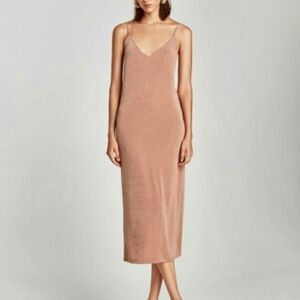 Zara Women's V-Neck Midi Slip Dress Adjustable Straps, Beige Color, SMALL